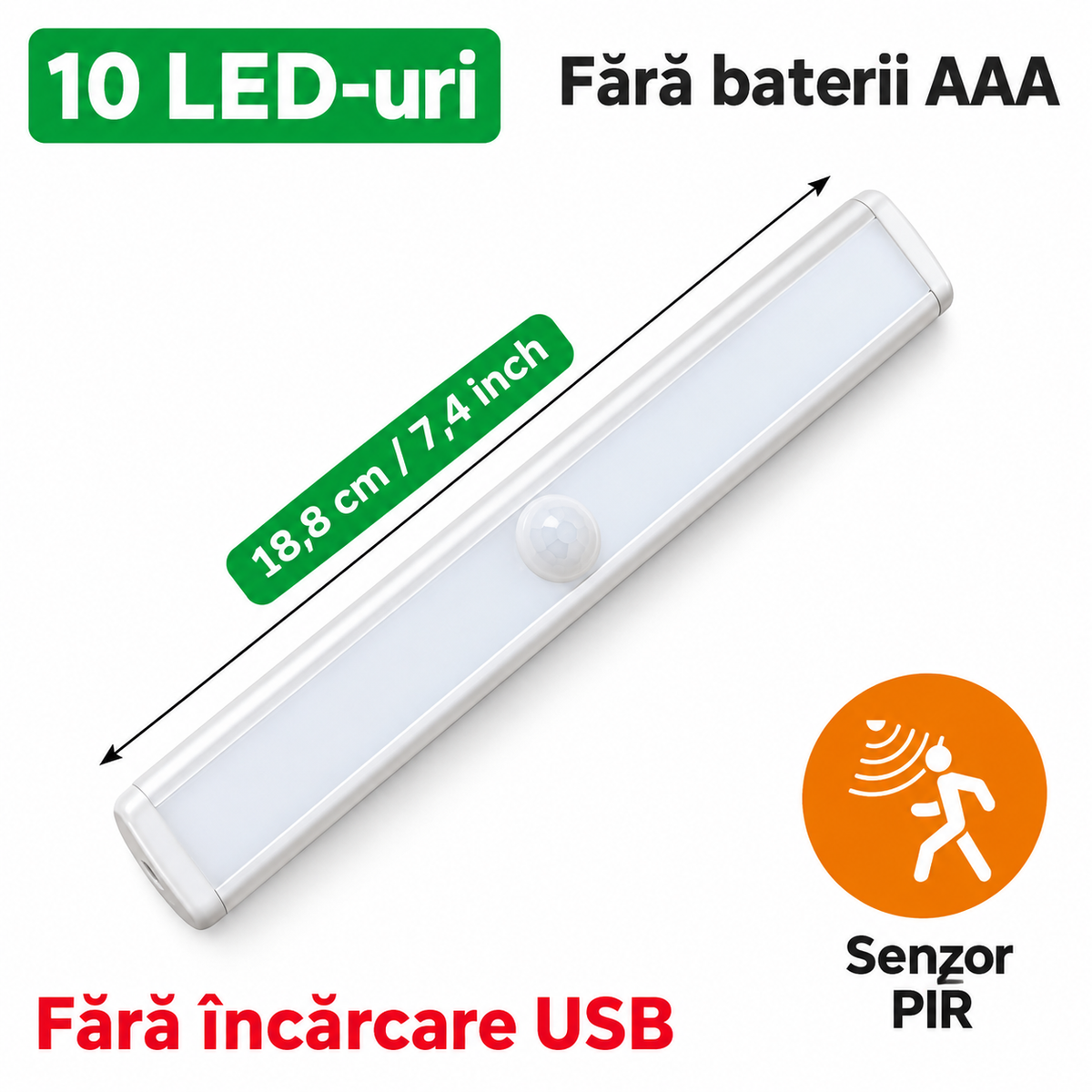 Lumină LED cu Senzor de Mișcare pentru Dulapuri și Mobilier