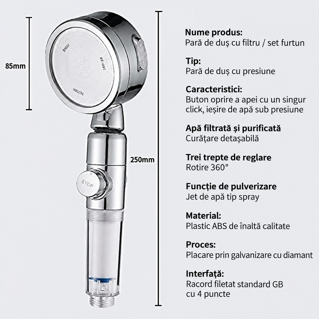 Cap de duș Premium cu filtru, presiune înaltă, 3 moduri de jet și economie de apă