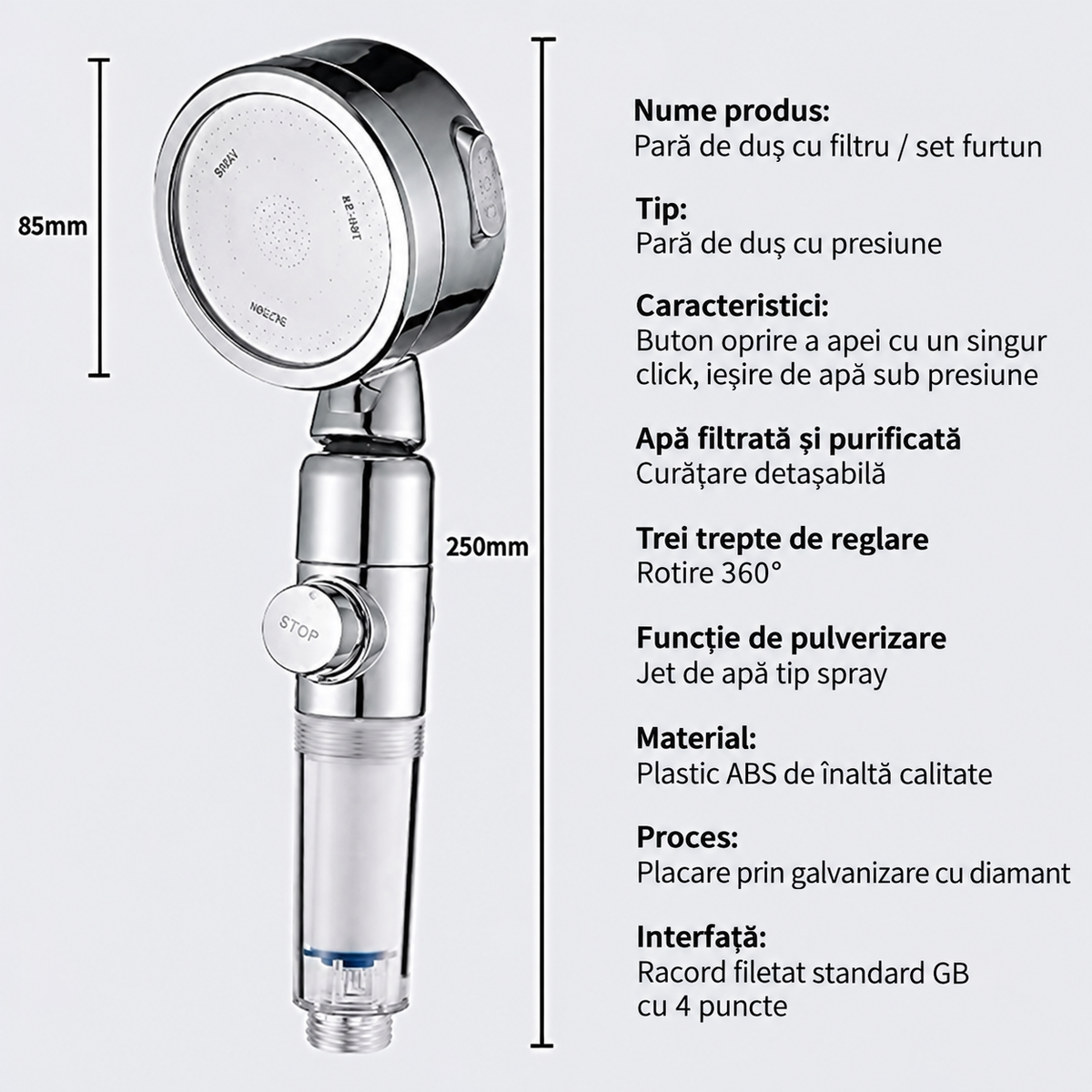 Cap de duș Premium cu filtru, presiune înaltă, 3 moduri de jet și economie de apă