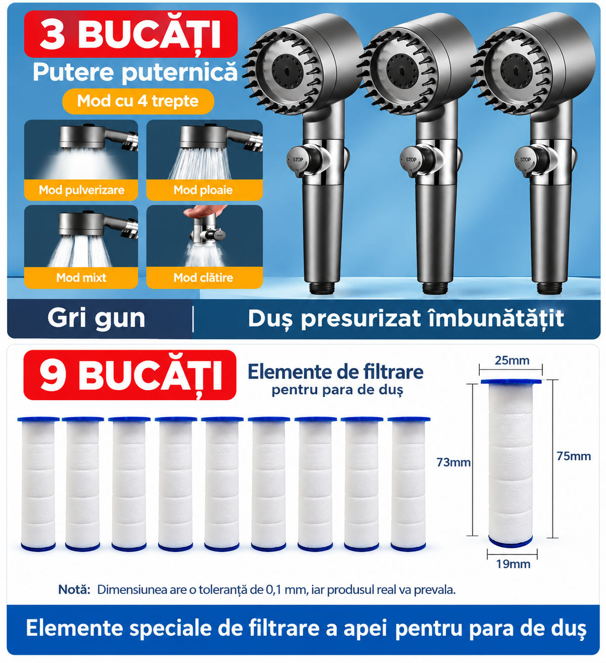 Cap de duș Premium cu 3 moduri de jet, presiune înaltă și economie de apă