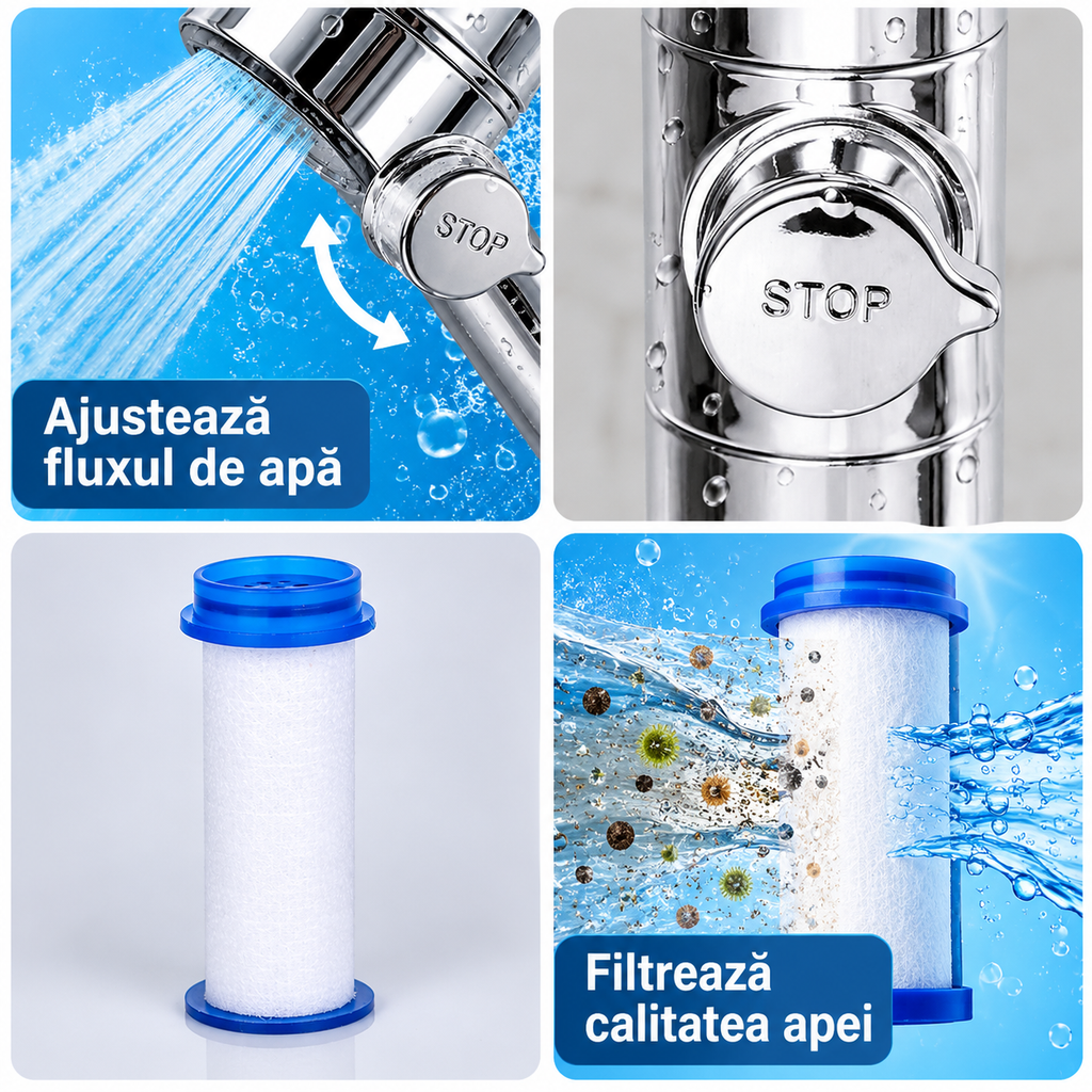 Cap de duș Premium cu filtru, presiune înaltă, 3 moduri de jet și economie de apă