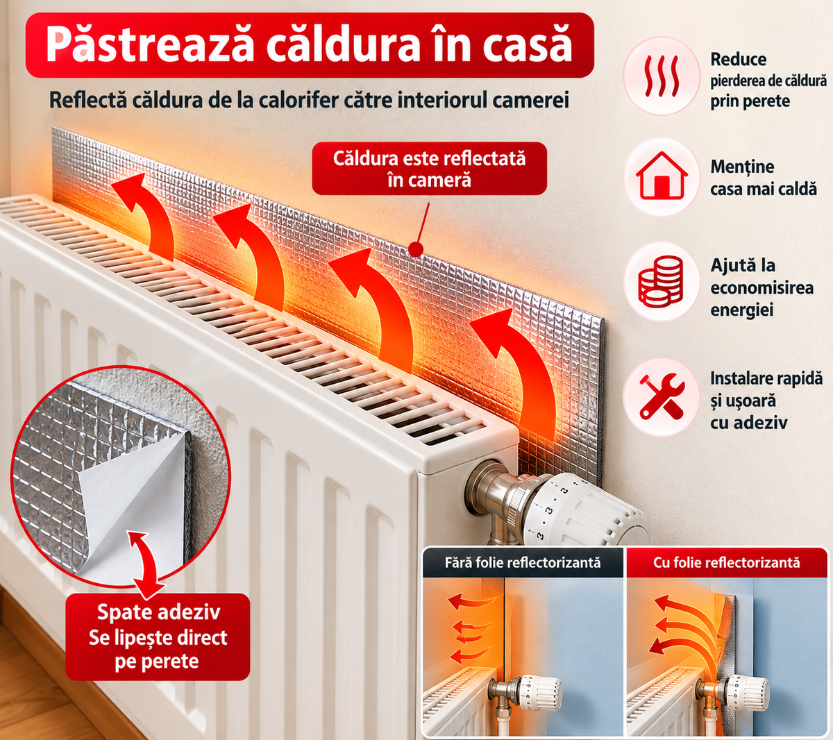 Folie izolatoare cu bule și aluminiu pe două fețe pentru calorifer