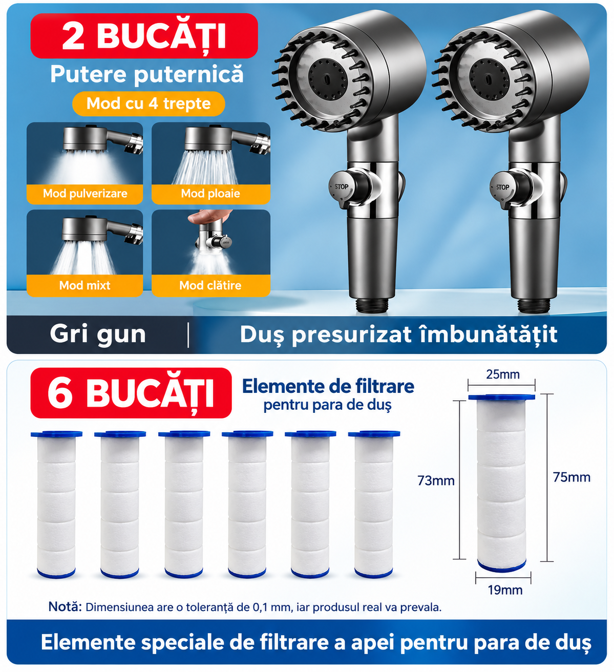 Cap de duș Premium cu 3 moduri de jet, presiune înaltă și economie de apă