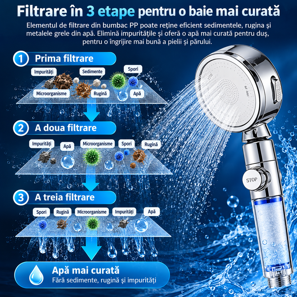 Cap de duș Premium cu filtru, presiune înaltă, 3 moduri de jet și economie de apă