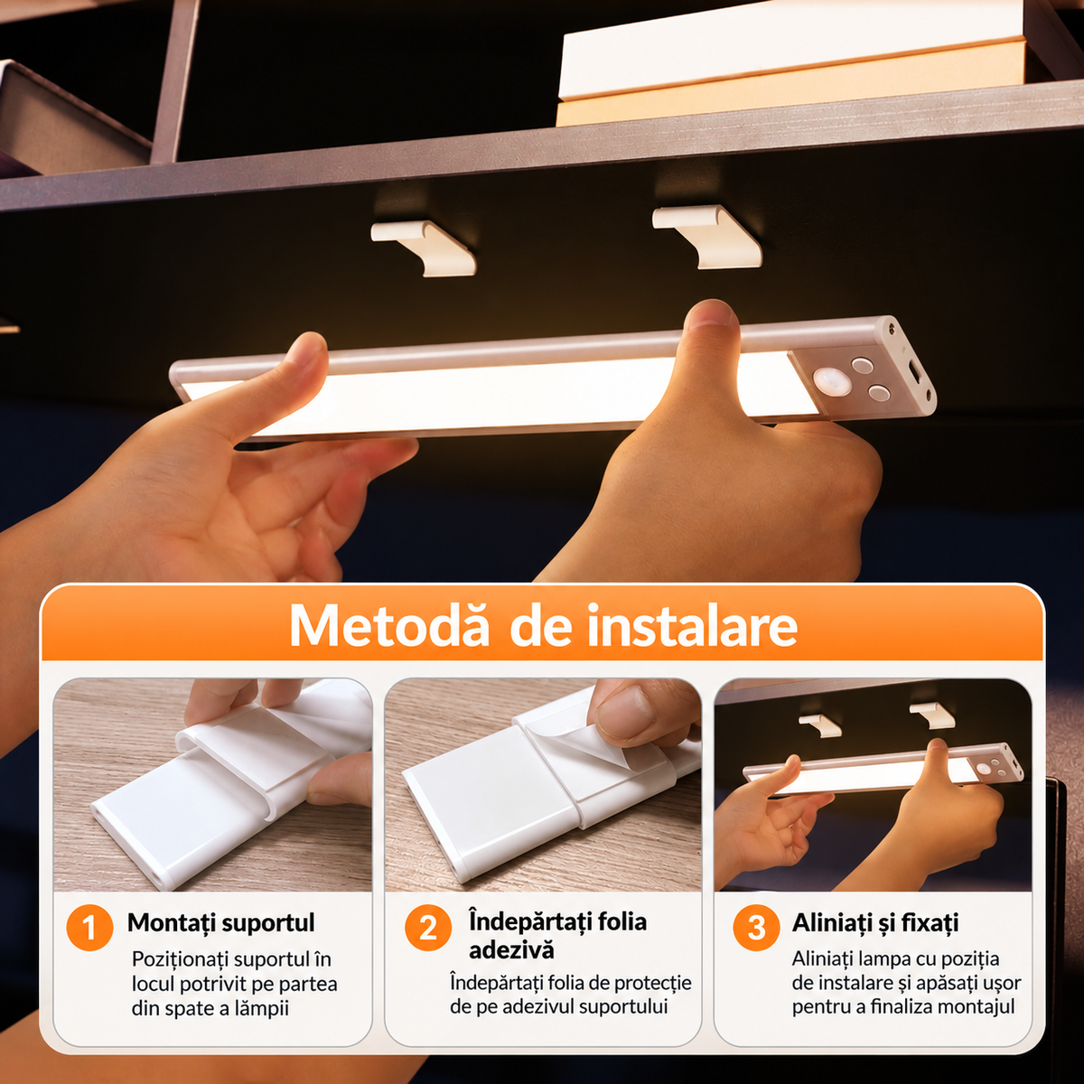 Lumină LED Ultra-subțire cu Senzor de Mișcare, Reîncărcabilă USB-C