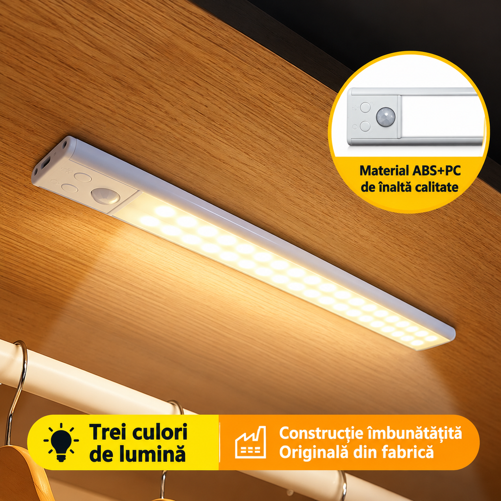 Lumină LED Ultra-subțire cu Senzor de Mișcare, Reîncărcabilă USB-C